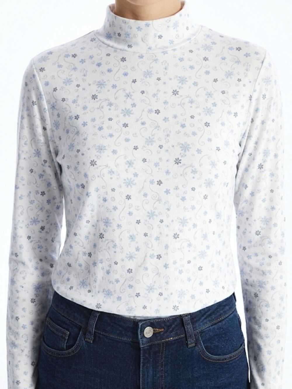 Croft‎ & Barrow Snowflake Print Mock Neck Top Small 100% Cotton